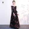 Chic / Beautiful Black Evening Dresses  2017 A-Line / Princess Lace U-Neck Appliques Backless Beading Evening Party
