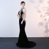 Unique Noire Robe De Soirée 2017 Trompette / Sirène Col Haut Dos Nu Perlage Faux Diamant Fait main Soirée Robe De Ceremonie