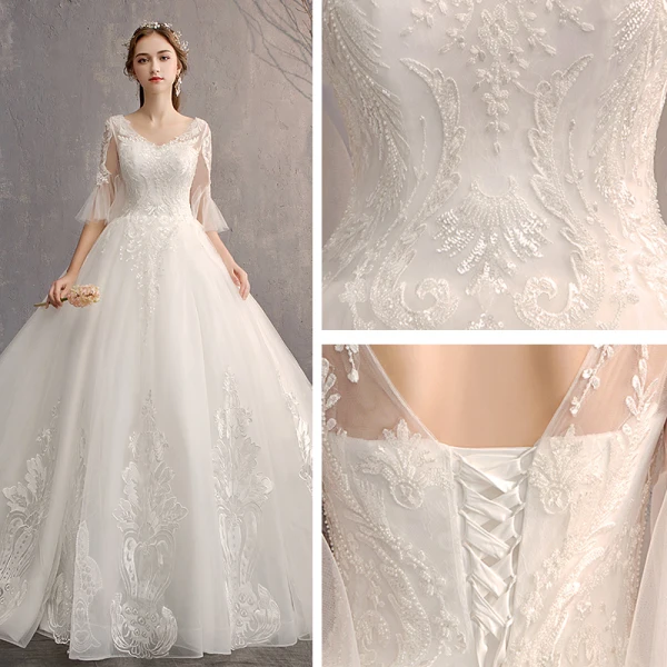 Luxury / Gorgeous White Ball Gown Wedding Dresses 2019 Tulle Lace V-Neck Appliques Backless Beading Pearl Sequins Cathedral Train Church Wedding