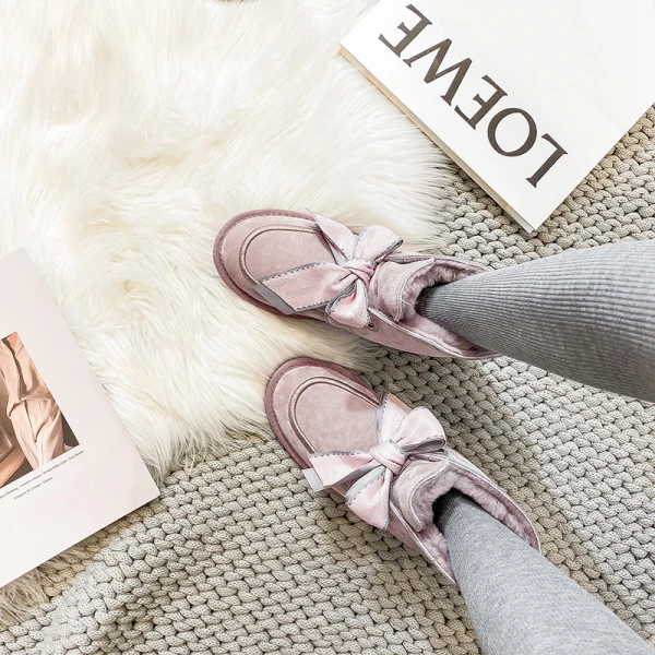 Lovely Butterfly Blushing Pink Snow Boots 2020 Woolen Leather Casual Outdoor / Garden Winter Flat Round Toe Suede Womens Boots