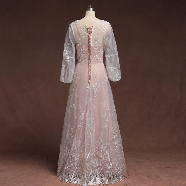 Classic Elegant Blushing Pink Plus Size Evening Dresses 2020 A-Line / Princess Floor-Length / Long Long Sleeve U-Neck Tulle 3D Lace Appliques Embroidered Evening Party Formal Dresses