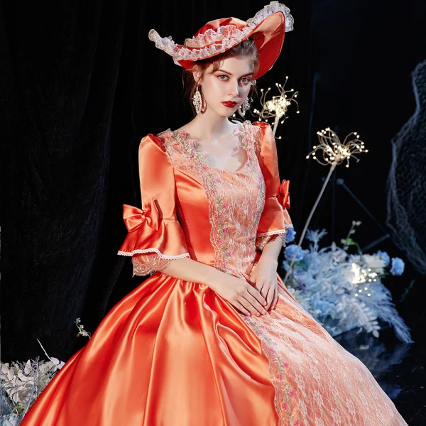 Vintage / Retro Elegant Medieval Orange Ball Gown Prom Dresses 2021 1/2 Sleeves Square Neckline Crossed Straps Floor-Length / Long Beading Star Cosplay Prom