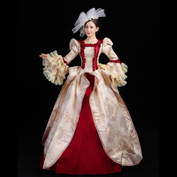 Vintage / Retro Medieval Blushing Pink Ball Gown Prom Dresses 2021 U-Neck Long Sleeve Floor-Length / Long Embroidered Printing Cosplay Prom Formal Dresses