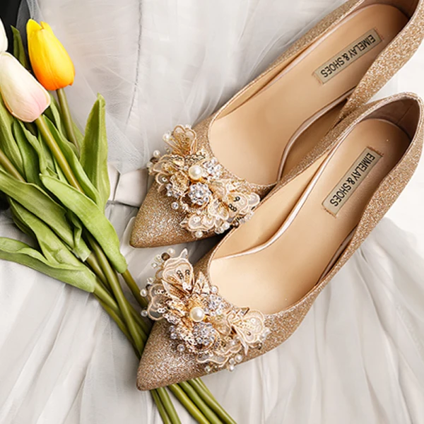 Luxe Bling Bling Doré Talons Hauts 2019 Cuir Perlage Perle Faux Diamant Cocktail Soirée 9 cm À Bout Pointu Chaussures Femmes