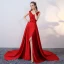 Chic / Beautiful Evening Dresses  2017 Red Crossed Straps Appliques Backless Embroidered Printing Charmeuse Lace V-Neck Cocktail Party Sleeveless A-Line / Princess Evening Party