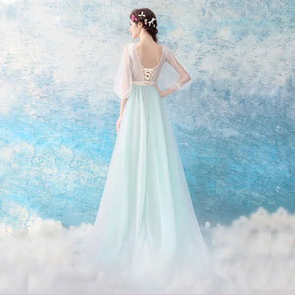 Chic / Beautiful Pool Blue Evening Dresses 2017 A-Line / Princess U-Neck Tulle Appliques Backless Beading Evening Party Formal Dresses