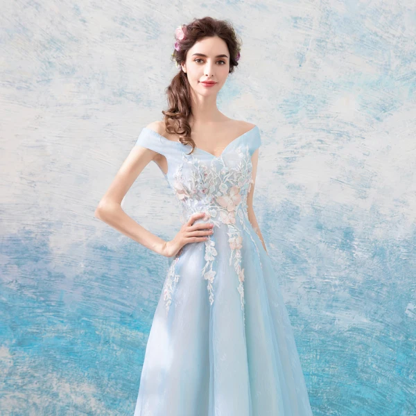 Chic / Beautiful Sky Blue Evening Dresses 2018 A-Line / Princess Floor-Length / Long Tulle Strapless Butterfly Appliques Backless Beading Evening Party Formal Dresses