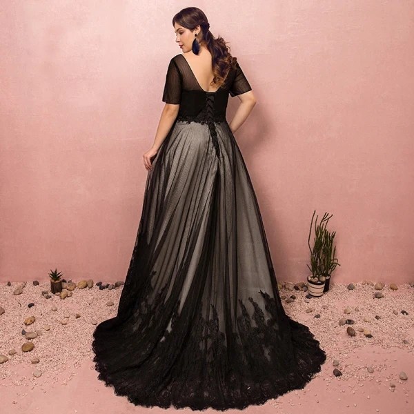 Luxury / Gorgeous Black Plus Size Evening Dresses 2018 A-Line / Princess Lace-up Tulle V-Neck Appliques Backless Beading Sequins Evening Party Prom Dresses