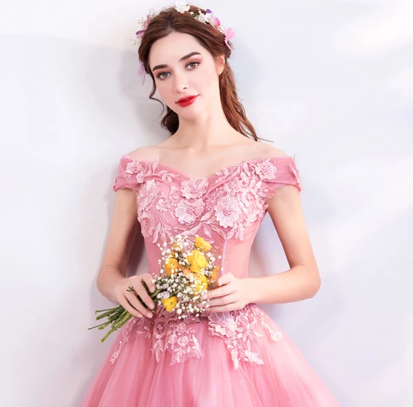 Flower Fairy Candy Pink Floor-Length / Long Prom Dresses 2018 Ball Gown Tulle Strapless Appliques Backless Beading Prom Evening Dresses