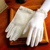 Chic / Beautiful Ivory Wedding 2018 Tulle Beading Pearl Bridal Gloves