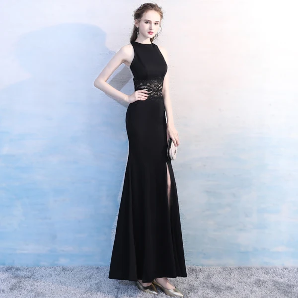 Modest / Simple Black Floor-Length / Long Evening Dresses  2018 Trumpet / Mermaid High Neck Lace Charmeuse Evening Party Formal Dresses