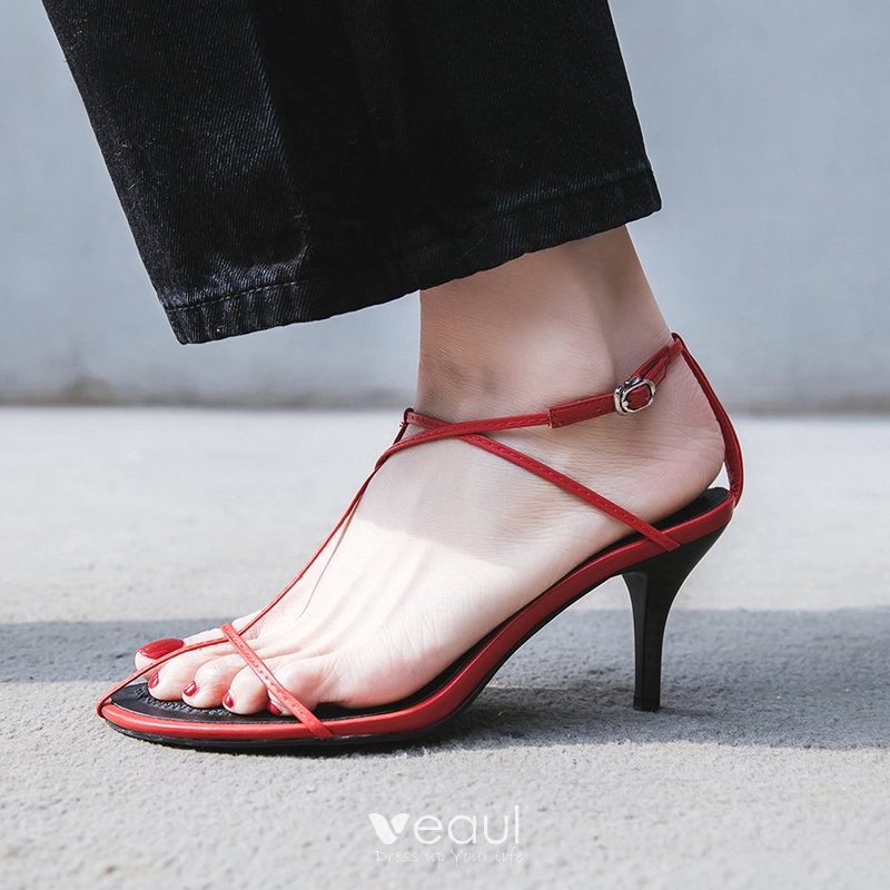 Moda Negro Playa Cuero De Tiras T Correa Peep Toe 8 cm Sandalias High Heels Zapatos De Mujer 2018