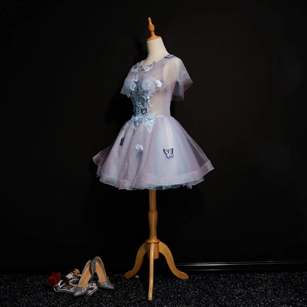 Chic / Beautiful Lavender Short Graduation Dresses 2018 A-Line / Princess U-Neck Tulle Butterfly Appliques Backless Beading Homecoming Formal Dresses