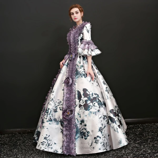 Vintage Multifarben Lange Ballkleid Ballkleider 2018 3/4 Ärmel U-Ausschnitt Schnüren Charmeuse Applikationen Rückenfreies Drucken Ball Festliche Kleider
