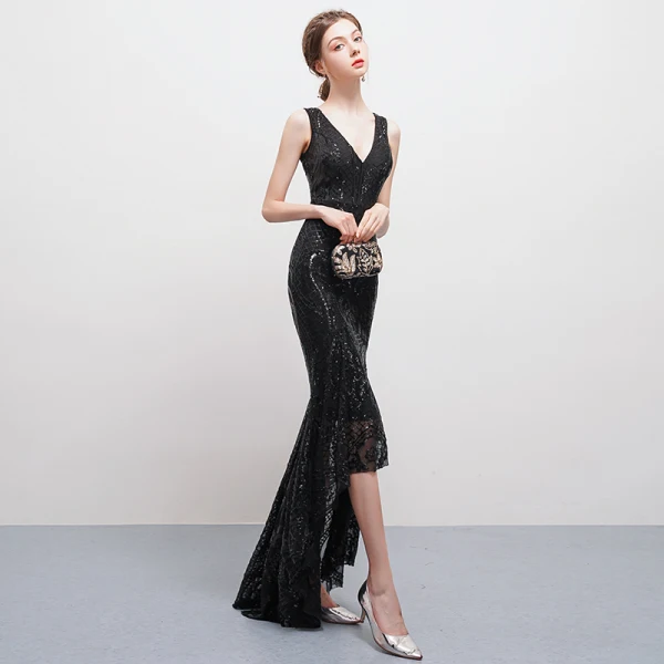 Unique Sexy Schwarz Asymmetrisch Abendkleider 2018 Mermaid Tülle V-Ausschnitt Rückenfreies Perlenstickerei Pailletten Festliche Kleider