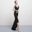 Unique Sexy Schwarz Asymmetrisch Abendkleider 2018 Mermaid Tülle V-Ausschnitt Rückenfreies Perlenstickerei Pailletten Festliche Kleider