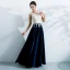 Chic / Beautiful Navy Blue Evening Dresses  2017 A-Line / Princess V-Neck Embroidered Backless Rhinestone Charmeuse Evening Party Party Dresses