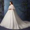 Classic Elegant White Plus Size Wedding Dresses 2019 A-Line / Princess Lace Tulle V-Neck Appliques Backless Beading Sequins Chapel Train