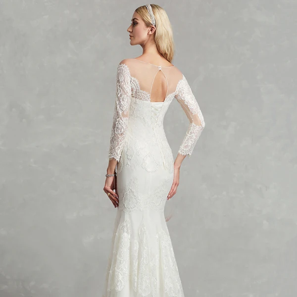 Amazing / Unique Sexy White Wedding Dresses 2020 Trumpet / Mermaid U-Neck 3D Lace Floor-Length / Long Long Sleeve Handmade Embroidered Wedding