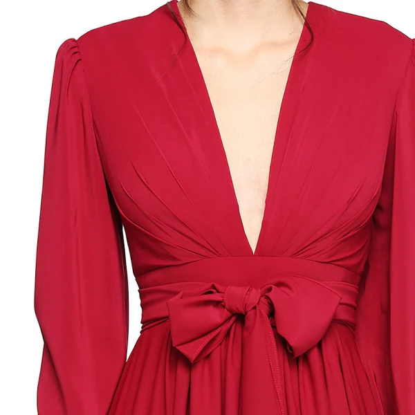 Modest / Simple Sexy Red Evening Dresses 2020 A-Line / Princess Floor-Length / Long Deep V-Neck Long Sleeve Puffy Cocktail Party Evening Party Formal Dresses