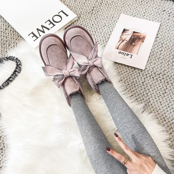 Lovely Butterfly Blushing Pink Snow Boots 2020 Woolen Leather Casual Outdoor / Garden Winter Flat Round Toe Suede Womens Boots