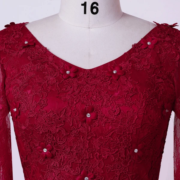 Vintage / Originale Bordeaux Grande Taille Robe De Soirée 2020 Princesse V-Cou Longue Manches Longues Fait main Dentelle 3D Perlage Faux Diamant Couleur Unie Soirée Robe De Ceremonie