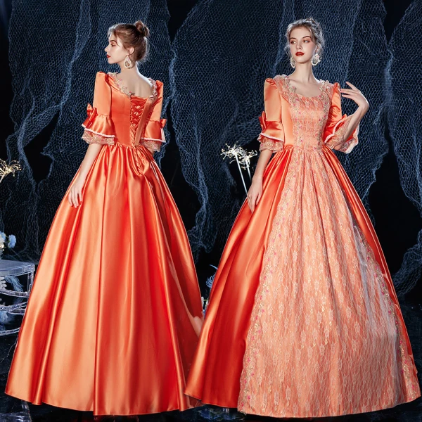 Vintage / Retro Elegant Medieval Orange Ball Gown Prom Dresses 2021 1/2 Sleeves Square Neckline Crossed Straps Floor-Length / Long Beading Star Cosplay Prom