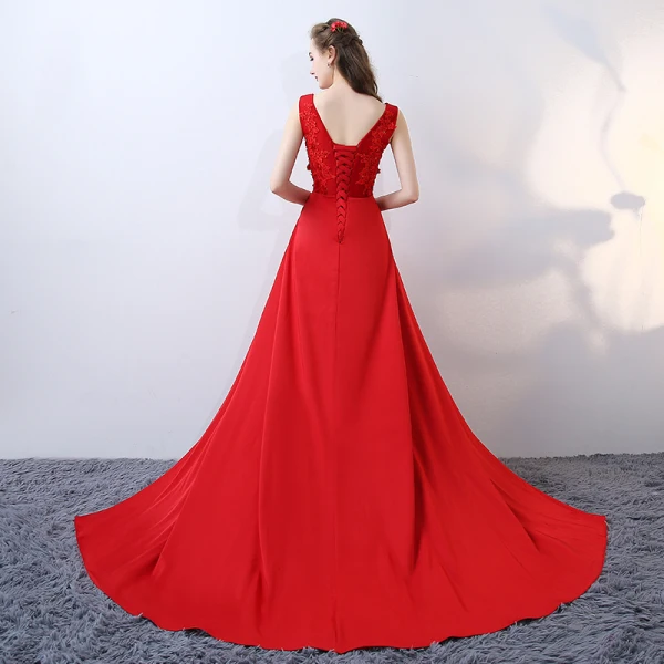 Chic / Beautiful Evening Dresses  2017 Red Crossed Straps Appliques Backless Embroidered Printing Charmeuse Lace V-Neck Cocktail Party Sleeveless A-Line / Princess Evening Party