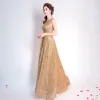 Chic / Beautiful Gold Evening Dresses  2017 A-Line / Princess U-Neck Tulle Appliques Backless Glitter Sequins Evening Party Formal Dresses