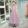 Modern / Fashion Lavender Graduation Dresses 2017 A-Line / Princess High Neck Tulle Embroidered Backless Beading Homecoming Formal Dresses
