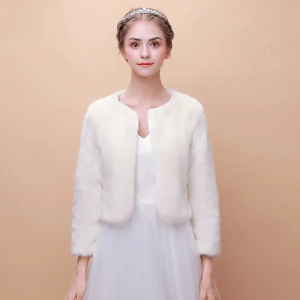 White Winter Scoop Neck Long Sleeve Faux Fur Prom Wedding Coats / Jackets 2017