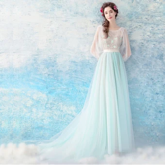 Chic Belle Bleu Robe De Soirée 2017 Princesse U Cou Tulle Appliques Dos Nu Perlage Soirée Robe De Ceremonie