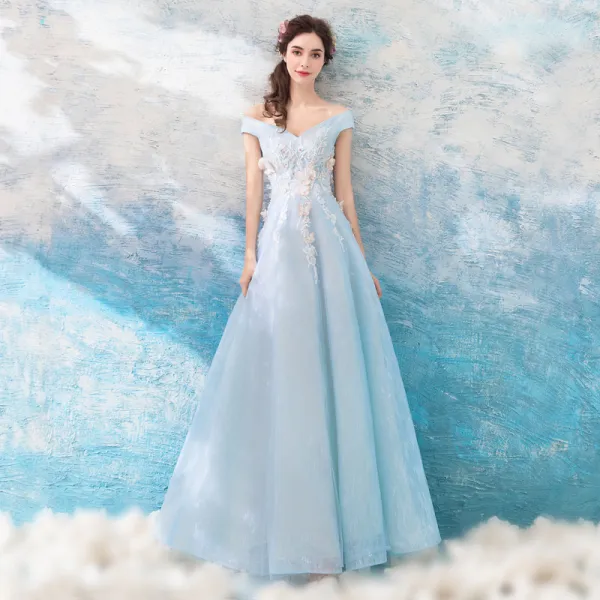 Chic / Beautiful Sky Blue Evening Dresses 2018 A-Line / Princess Floor ...