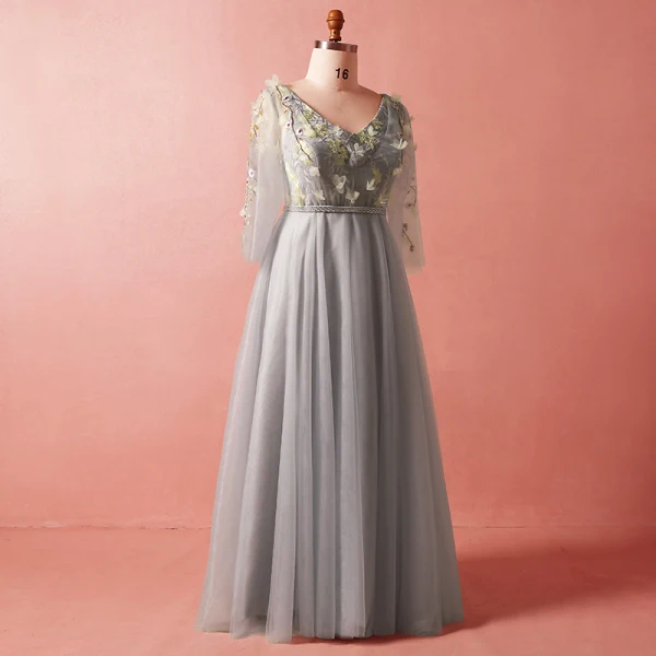 Chic / Belle Gris Grande Taille Robe De Soirée 2018 Princesse 3/4 Manches Printemps V-Cou Tulle Bretelles croisées Fleur Appliques Dos Nu Perlage Soirée Robe De Ceremonie