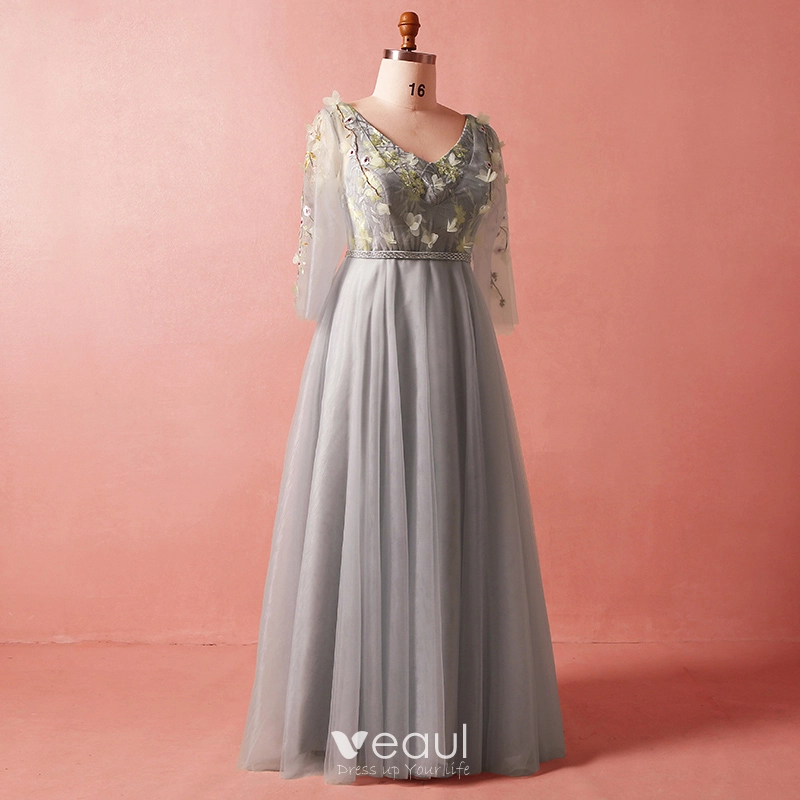 Chic / Beautiful Grey Plus Size Evening Dresses 2018 A-Line / Princess 3/4 Sleeve Spring V-Neck Tulle Crossed Straps Flower Appliques Backless Beading Chic / Beautiful Grey Plus Size Evening Dresses 2018 A-Line / Princess 3/4 Sleeve Spring V-Neck Tulle Crossed Straps Flower Appliques Backless Beading
