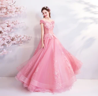 Fée Des Fleurs Rose Bonbon Longue Robe De Bal 2018 Robe Boule Tulle Bustier Appliques Dos Nu Perlage Promo Robe De Soirée