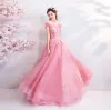 Flower Fairy Candy Pink Floor-Length / Long Prom Dresses 2018 Ball Gown Tulle Strapless Appliques Backless Beading Prom Evening Dresses