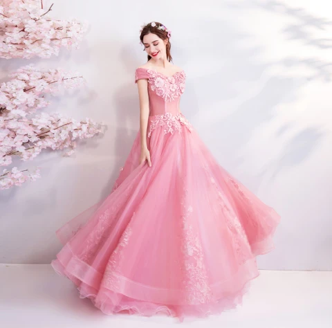 Blumenfee Pink Lange Ballkleider 2018 Ballkleid Tülle Bandeau Applikationen Rückenfreies Perlenstickerei Ball Abendkleider