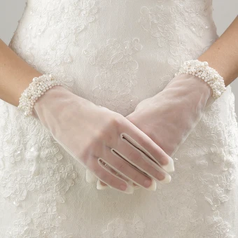 Chic Beautiful Ivory Wedding 2018 Tulle Beading Pearl Bridal Gloves