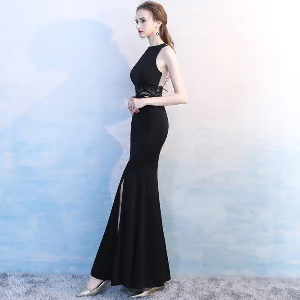 Modest / Simple Black Floor-Length / Long Evening Dresses  2018 Trumpet / Mermaid High Neck Lace Charmeuse Evening Party Formal Dresses