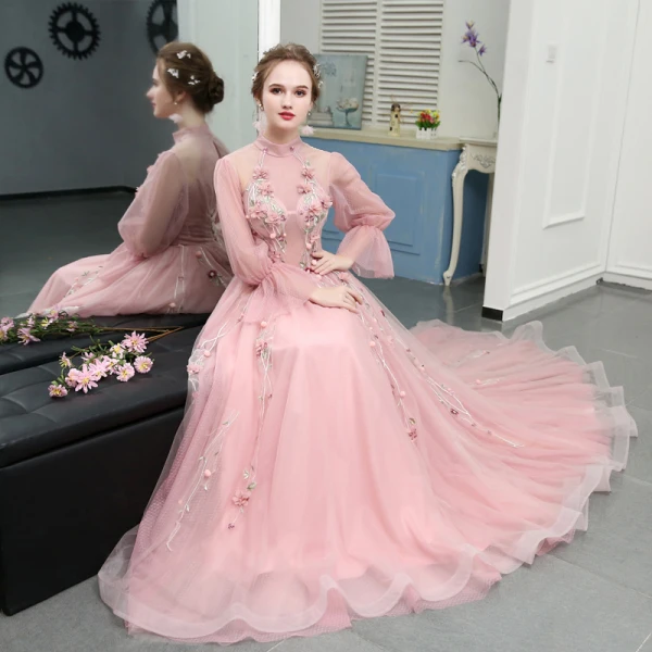 Chic / Belle Rougissant Rose Cathedral Train Robe De Soirée 2018 Princesse Tulle Col Haut Impression Soirée Robe De Bal