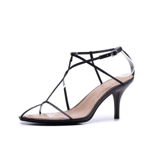 Moderne Mode Noire Plage Cuir Lanières T Strap Peep Toes Bout Ouvert 8 Cm Sandales Talons Hauts Chaussures Femmes 2018