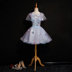 Chic Beautiful Lavender Short Graduation Dresses 2018 A Line Princess U Neck Tulle Butterfly Appliques Backless Beading Homecoming Formal Dresses