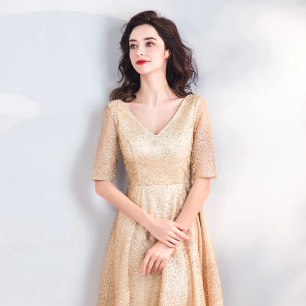 Sparkly Bling Bling Gold Floor-Length / Long Evening Dresses 2018 A-Line / Princess V-Neck Tulle Backless Beading Sequins Evening Party Formal Dresses