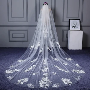 Chic Belle Blanche Cathedral Train Mariage Appliques Fleur Tulle Voile De Mariée 2018