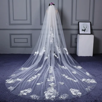 Chic Beautiful White Cathedral Train Wedding Appliques Flower Tulle Wedding Veils 2018