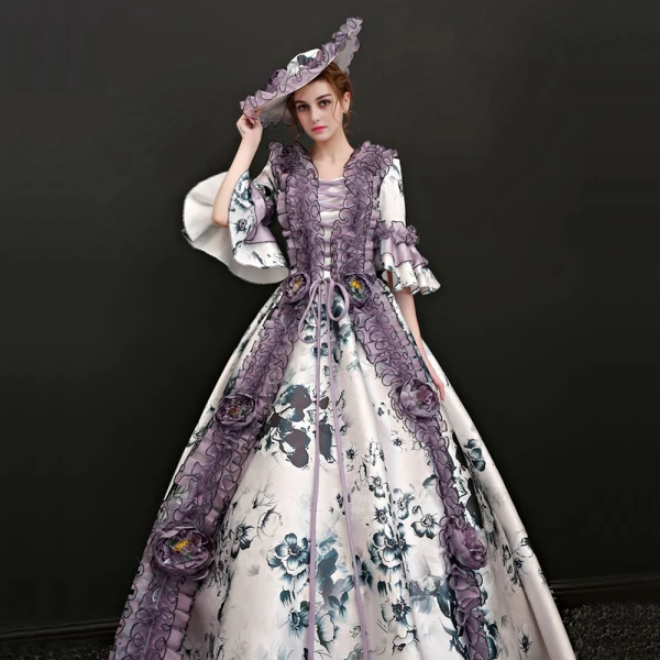 Vintage Multifarben Lange Ballkleid Ballkleider 2018 3/4 Ärmel U-Ausschnitt Schnüren Charmeuse Applikationen Rückenfreies Drucken Ball Festliche Kleider
