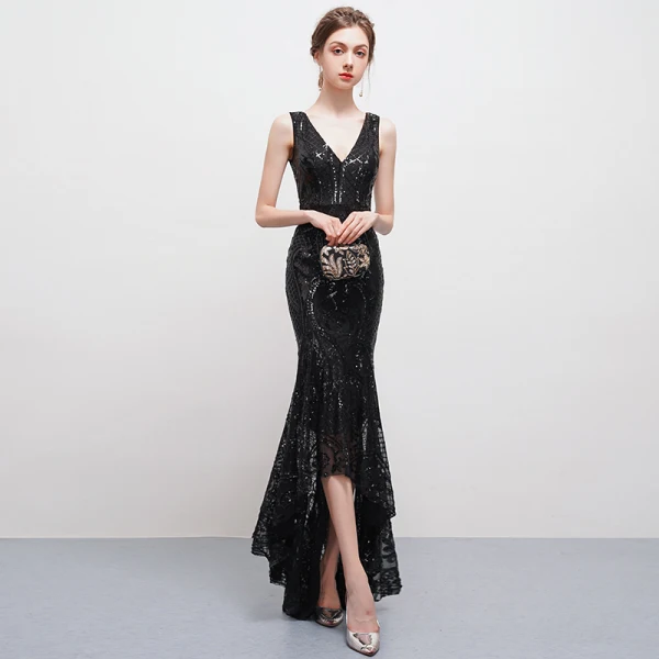 Unique Sexy Schwarz Asymmetrisch Abendkleider 2018 Mermaid Tülle V-Ausschnitt Rückenfreies Perlenstickerei Pailletten Festliche Kleider