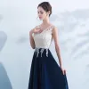 Chic / Beautiful Navy Blue Evening Dresses  2017 A-Line / Princess V-Neck Embroidered Backless Rhinestone Charmeuse Evening Party Party Dresses
