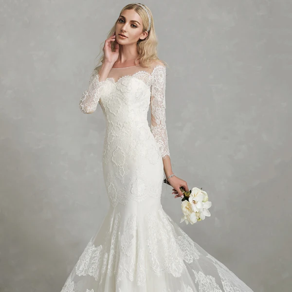 Amazing / Unique Sexy White Wedding Dresses 2020 Trumpet / Mermaid U-Neck 3D Lace Floor-Length / Long Long Sleeve Handmade Embroidered Wedding